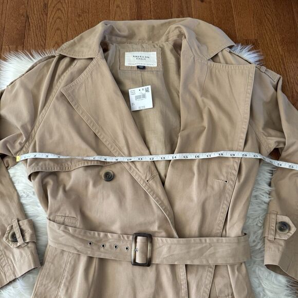 American Eagle Twill Long Trench Coat Women’s Large Belted Beige Jacket Preppy - Picture 10 of 16